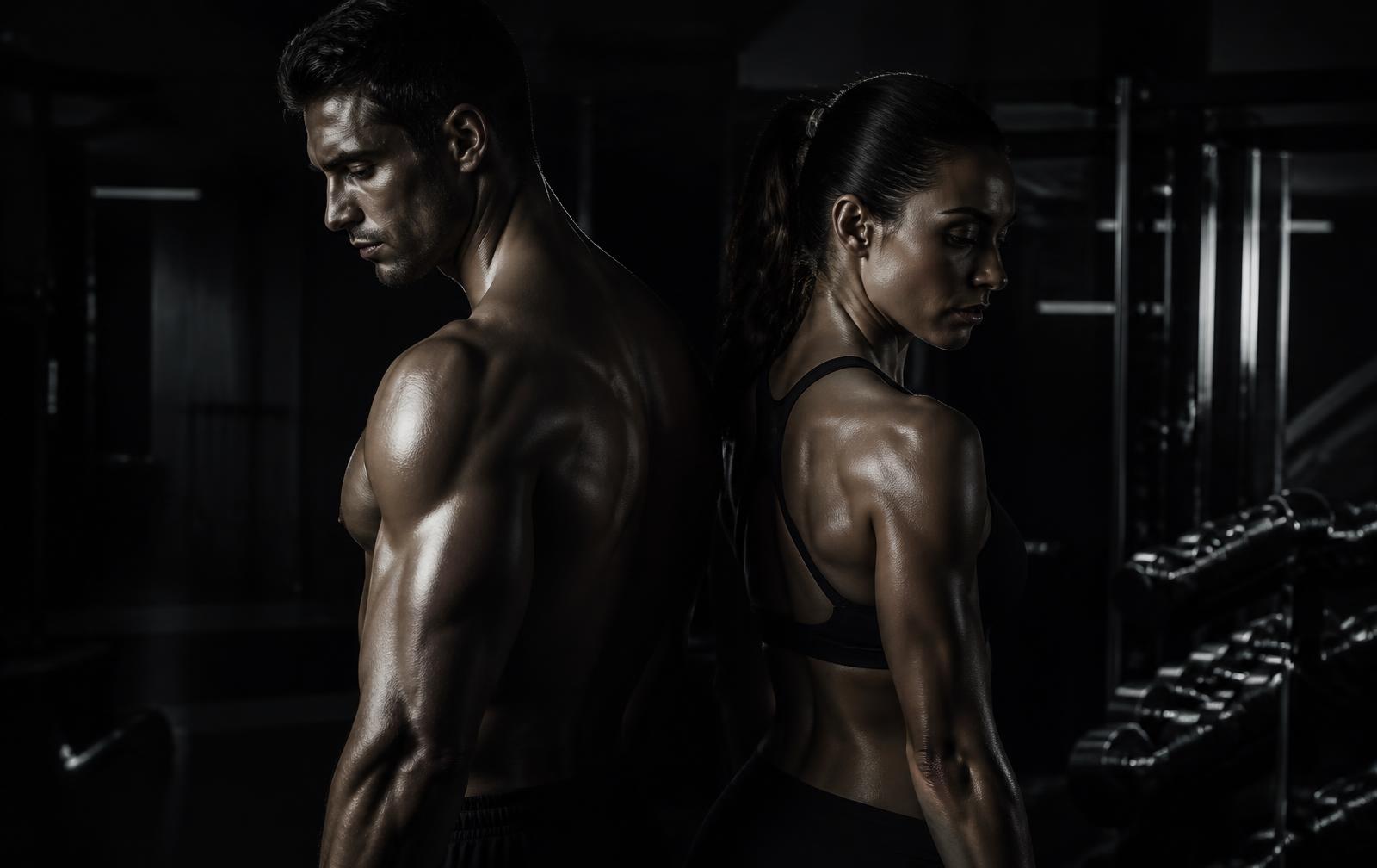 Man and woman standing back to back in dramatic low-key gym lighting