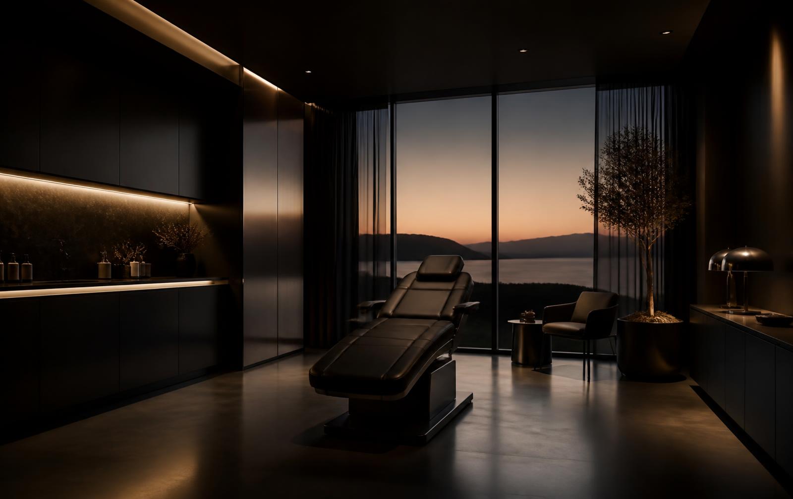 Modern low-lit wellness treatment room with chair and floor-to-ceiling windows