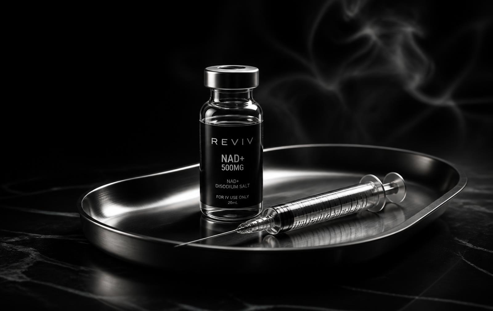 Steel tray with a glass wellness vial and syringe under dramatic light